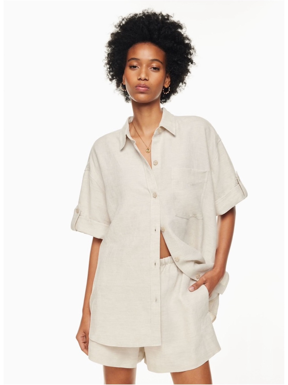 Aritzia Wilfred Era Short Sleeve Button-Up Shirt in Light Birch Size L